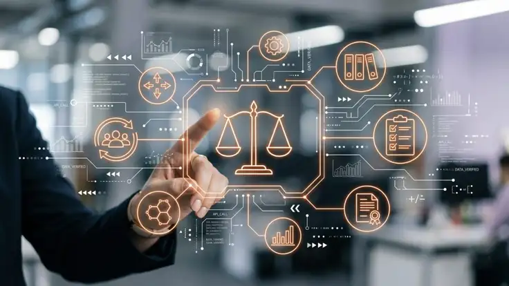 Persona interactuando con una interfaz digital de legaltech que muestra iconos de balanza de justicia, listas de verificación y gestión de documentos sobre un fondo de oficina difuminado.