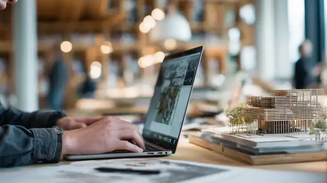 Arquitecto trabajando en un diseño digital junto a una maqueta de edificio sostenible.