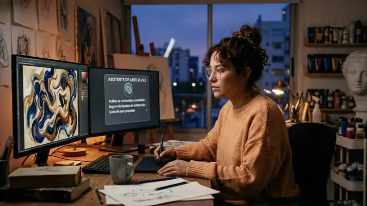 Una joven artista trabaja en su estudio por la noche, mirando un monitor de escritorio que muestra una pintura digital, ilustrando el uso de la inteligencia artificial en el arte como herramienta de colaboración y creación digital.