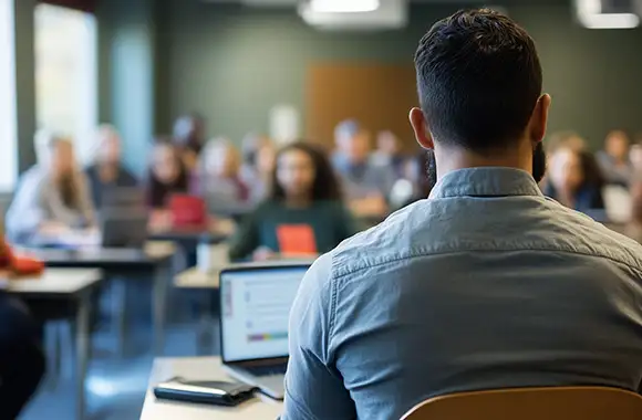 Profesora impartiendo clase a un grupo diverso de adultos en un aula moderna; se observan materiales impresos y laptops en uso, como parte de las intervenciones educativas.