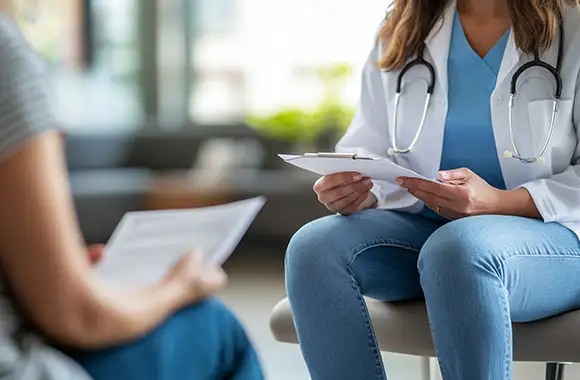 Enfermera explicando un documento a un paciente en una sala de espera, en un contexto de atención cercana, medicina integral y salud comunitaria