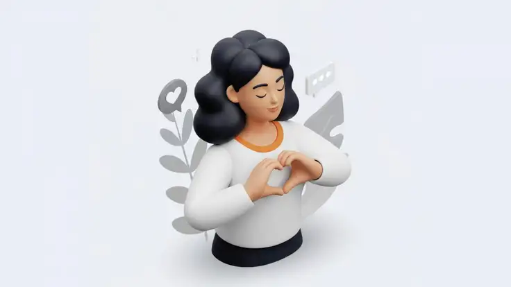 Mujer joven sonriente haciendo un gesto de corazón con las manos sobre el pecho, en fondo neutro. Imagen conceptual que representa el bienestar emocional, el autocuidado y la conexión consigo misma.