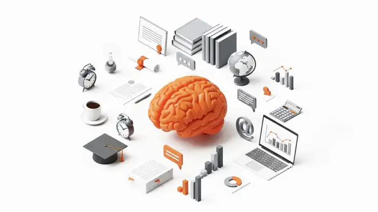 Ilustración colorida de un cerebro con elementos educativos a su alrededor, como libros, computadora, diploma, bombilla y símbolos matemáticos, representando la neuroeducación y la creatividad en el aprendizaje. 