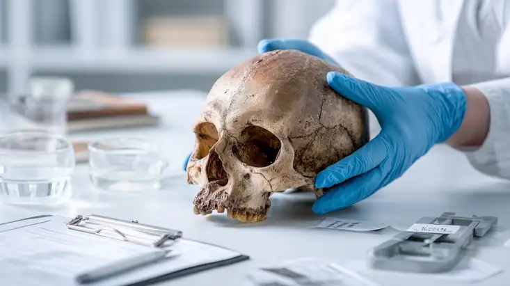 Especialista interpretando evidencia ósea y colaborando en procesos de identificación humana.