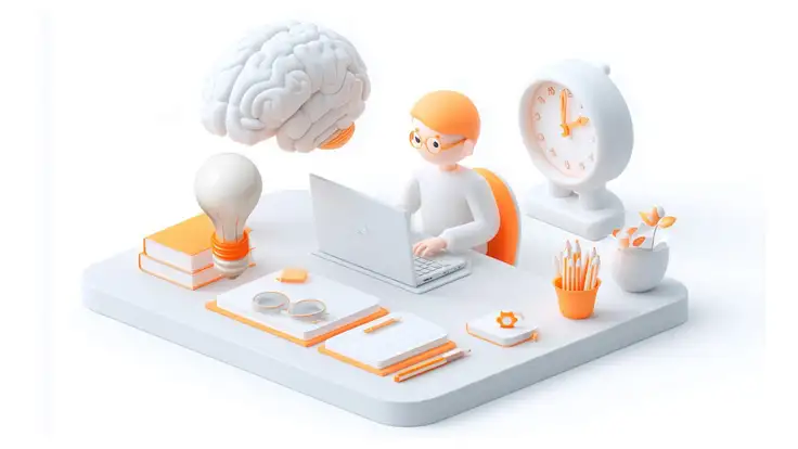 Ilustración en estilo flat de una estudiante online usando una laptop, rodeada de iconos de aprendizaje, aplicando principios de la psicología del aprendizaje para estudiar con éxito. 