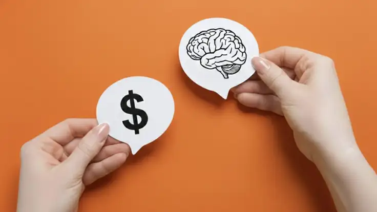 Dos manos sostienen íconos de un cerebro y un símbolo de dinero, representando la relación entre las ramas de la psicología, el conocimiento científico y su valor económico en el ámbito profesional.
