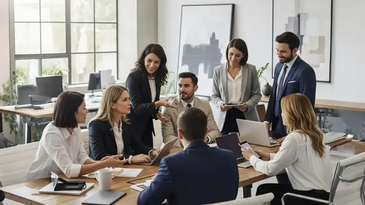  Grupo diverso de profesionales colaborando en una reunión de trabajo, representando dinámicas modernas de administración estratégica de recursos humanos. 