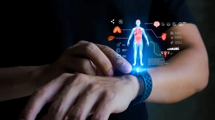 Imagen de smartwatch futurista proyectando holograma médico, representando innovación en salud digital y tecnología portátil. 
